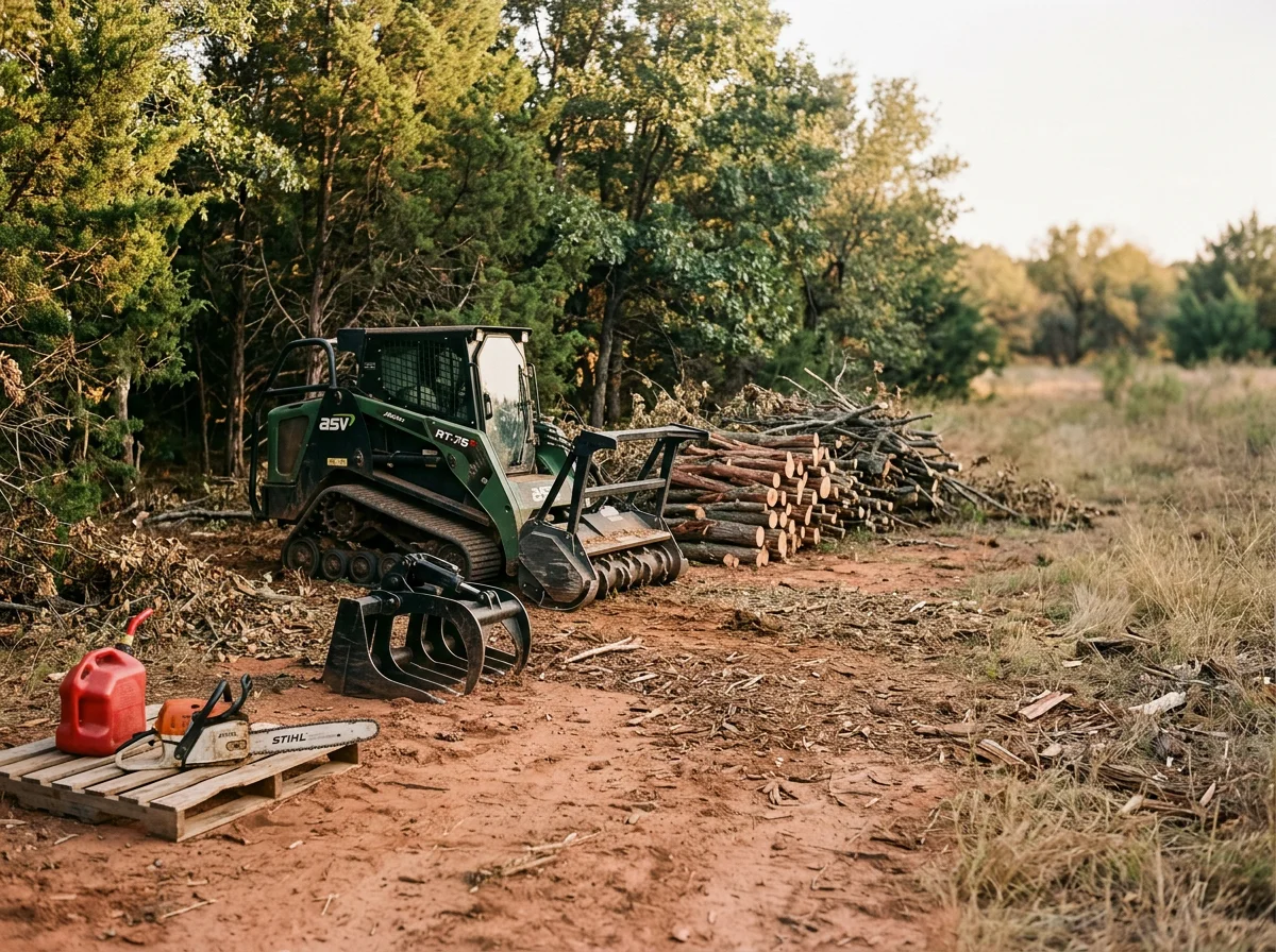 Land clearing equipment and cut brush staged on a rural Oklahoma property, ready for the next job. Forestry mulching and clearing tools lined up beside a wooded lot.