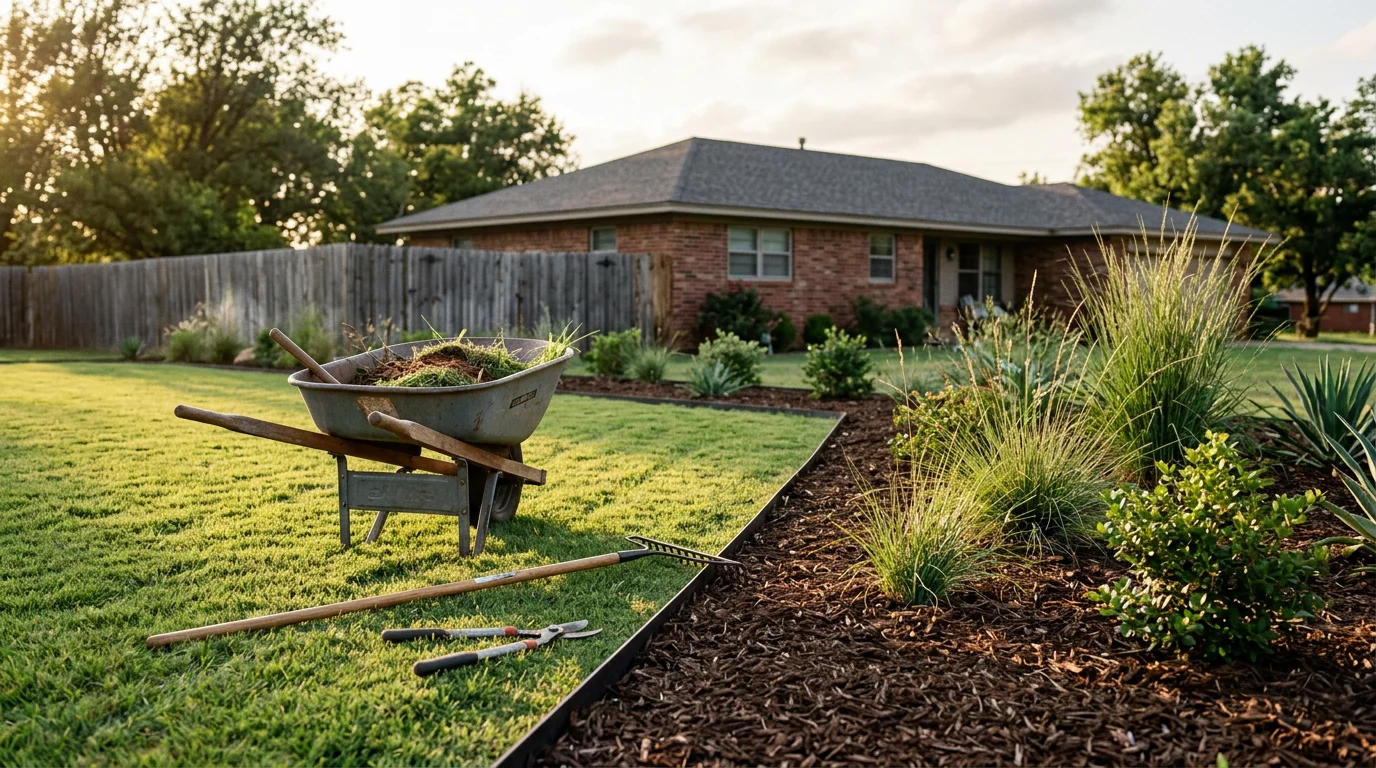 Green, well-kept residential yard with trimmed trees and a clean lawn in Konawa, Oklahoma
