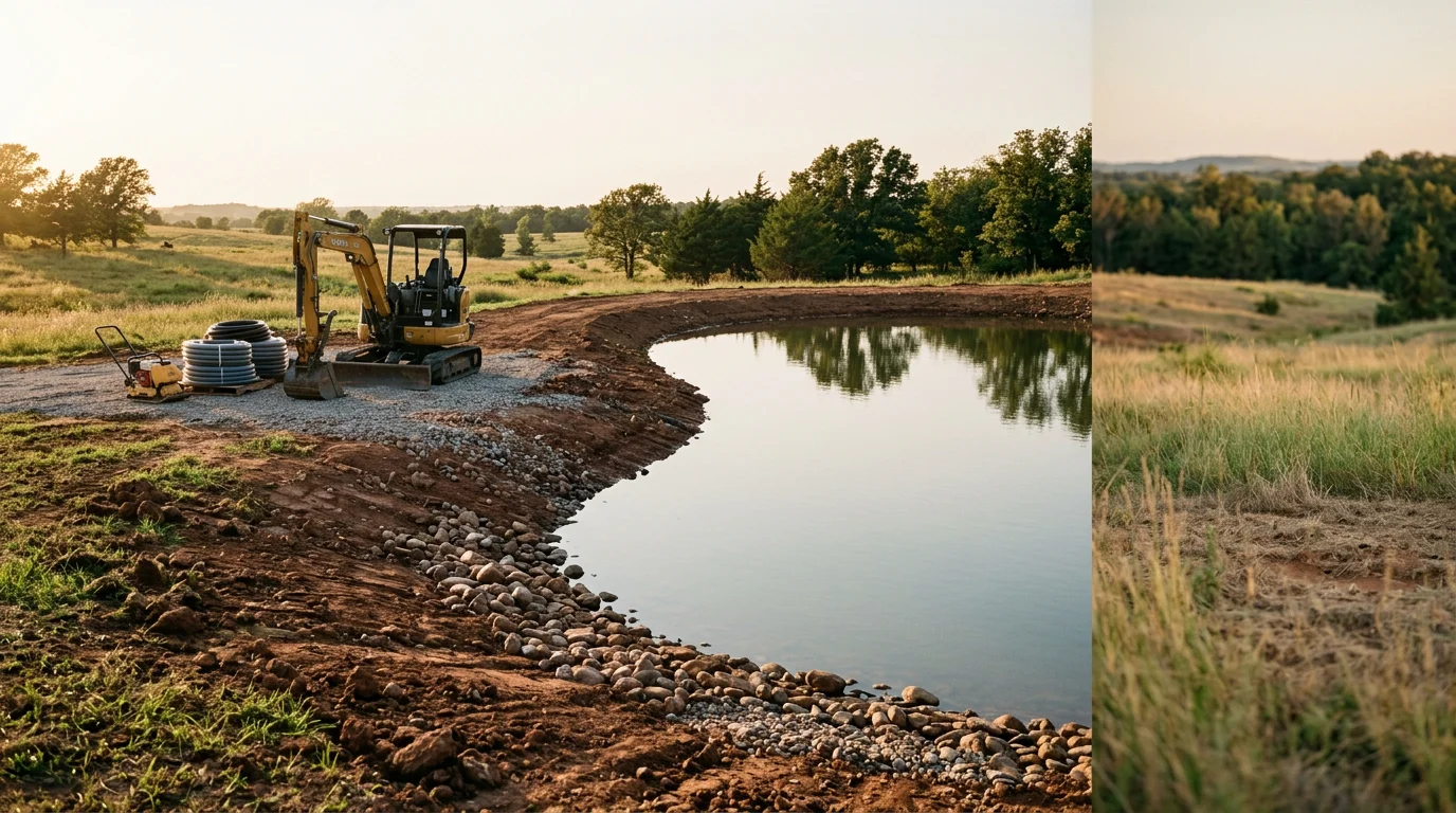 Clean backyard pond with natural edging surrounded by green grass near Konawa, Oklahoma