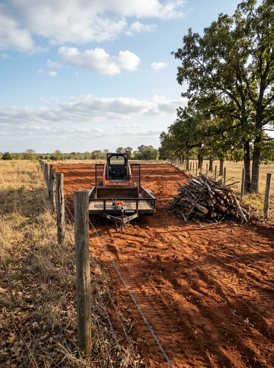 A land clearing project on a rural Pontotoc County tract near Ada, Oklahoma, with a cleared building pad, preserved post oak trees along the fence line, and open sky above.