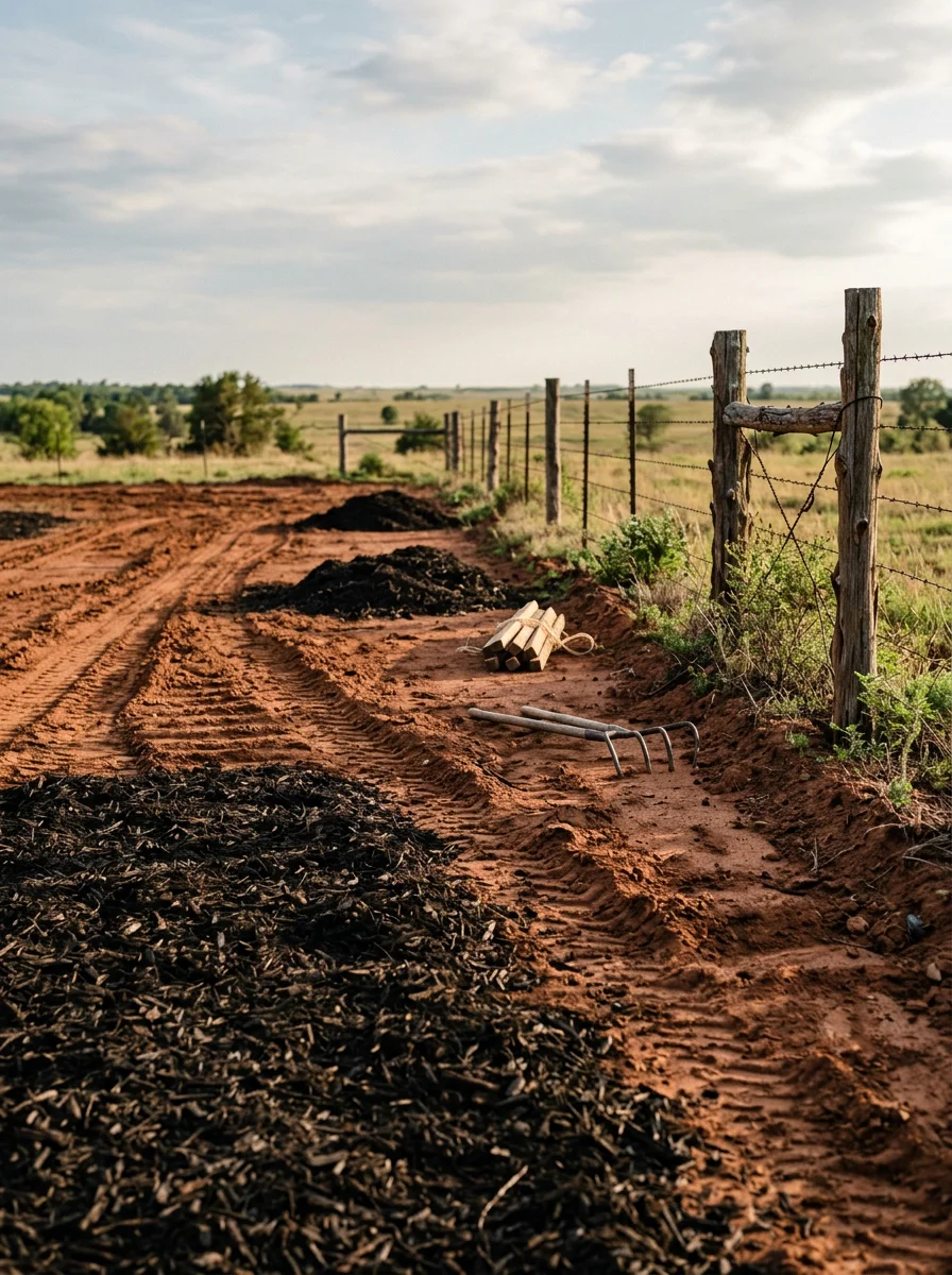 Close-up of freshly cleared Oklahoma land near Konawa with a mulch layer covering clay soil, a fence line visible in the background, and open sky above.