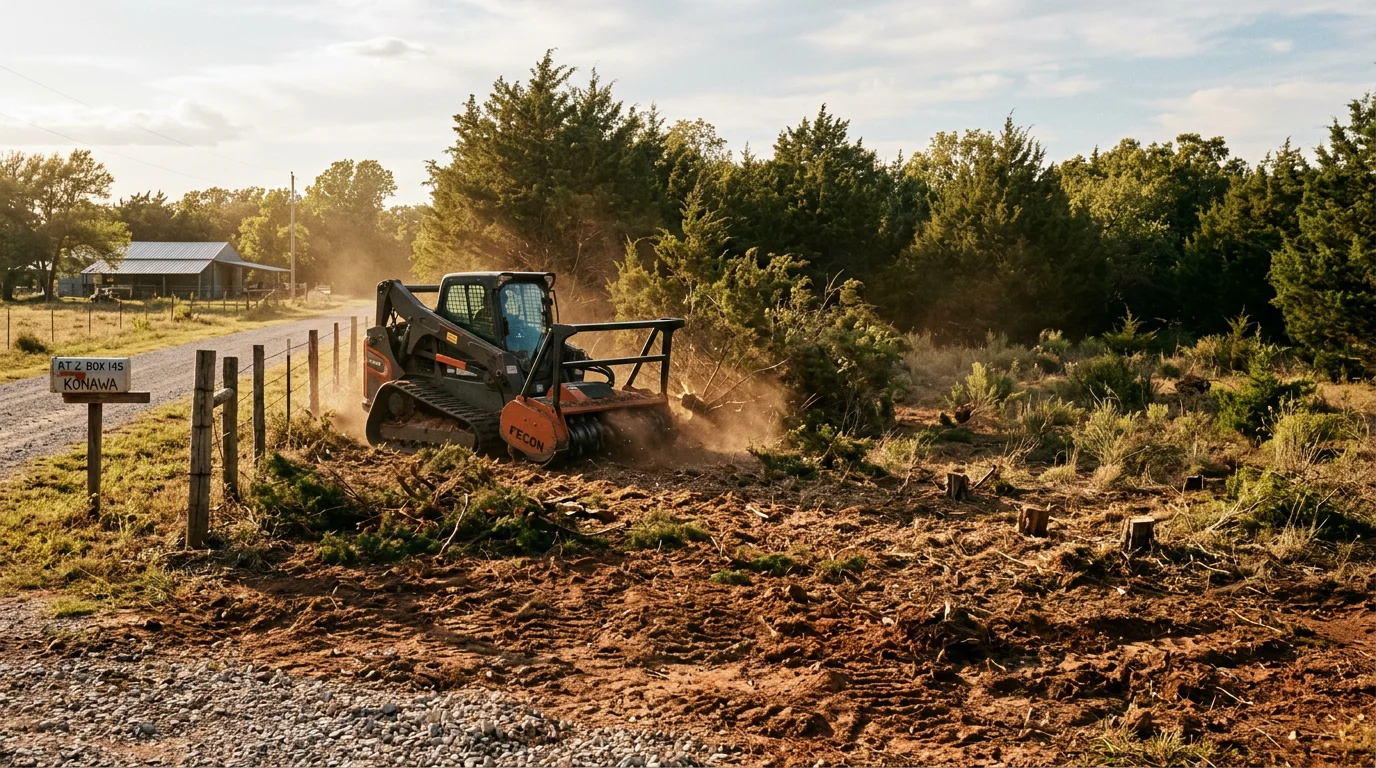 A rural land clearing project near Konawa, Oklahoma, showing a forestry mulcher working through dense cedar and brush on a clay-soil pasture tract adjacent to a farm road.