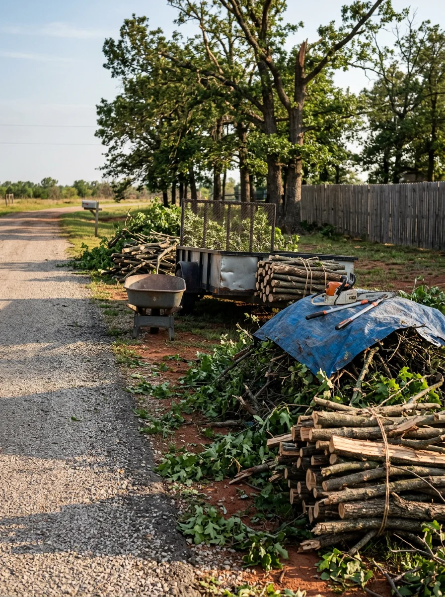 Storm debris cleanup on a rural Okemah, Oklahoma property after a spring severe weather event, with downed hardwood limbs being cleared from a gravel access road.