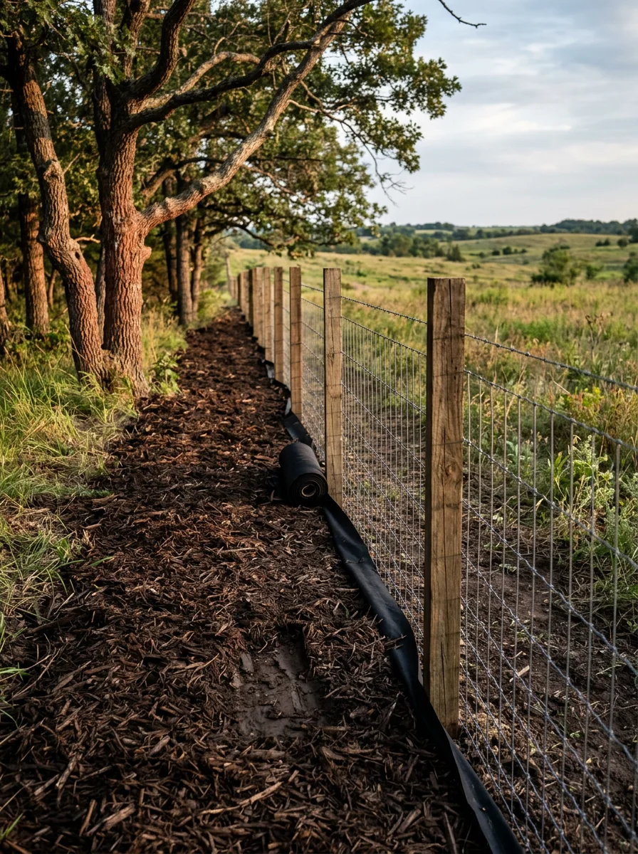 A cleared fence line on a Seminole County rural property showing fresh mulch on the ground, post oak trees preserved along the edge, and open pasture beyond.