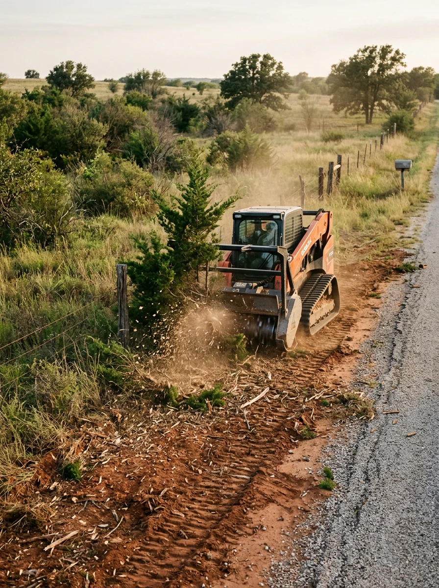 A rural land clearing project near Stratford, Oklahoma, with a forestry mulcher removing cedar and brush from an overgrown Garvin County pasture tract alongside a gravel county road.