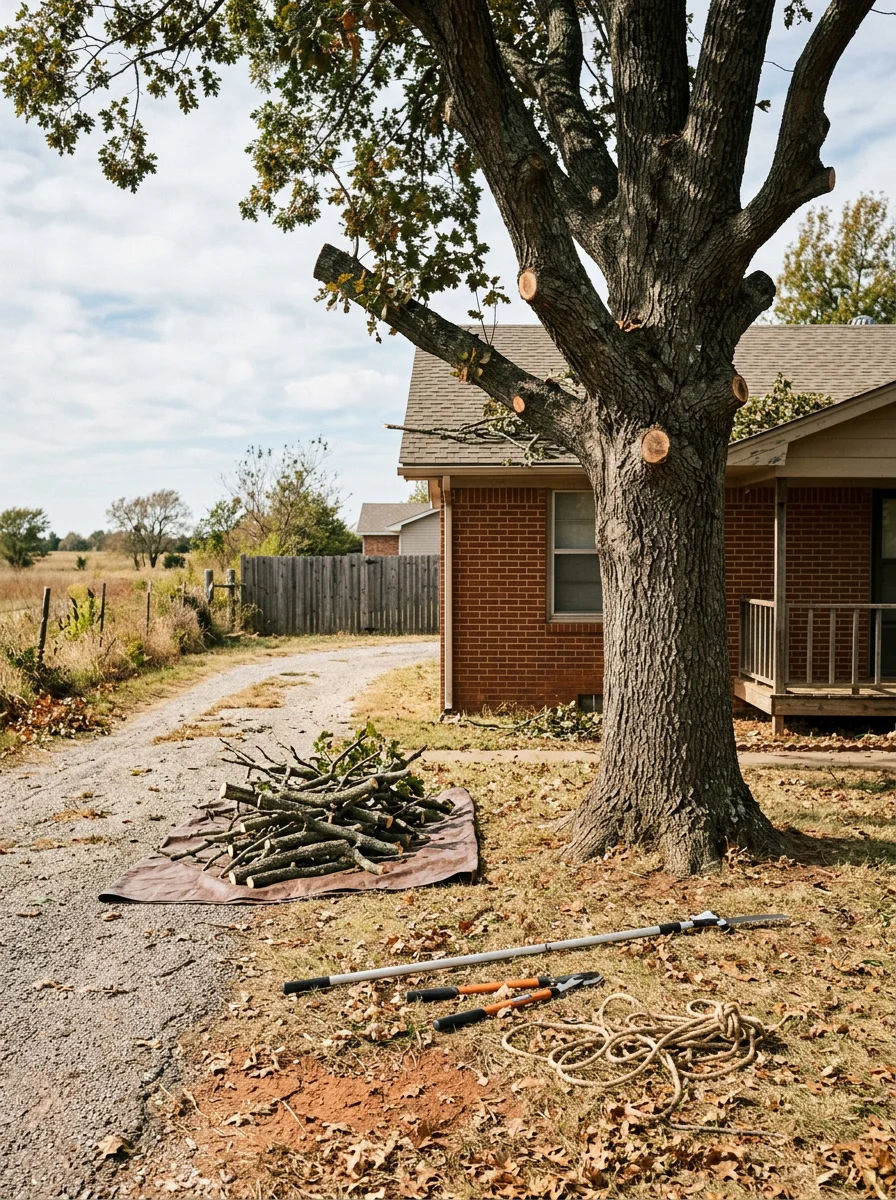 A residential tree trimming job in Wewoka, Oklahoma, with a mature post oak being pruned away from a home's roofline on an established in-town lot.