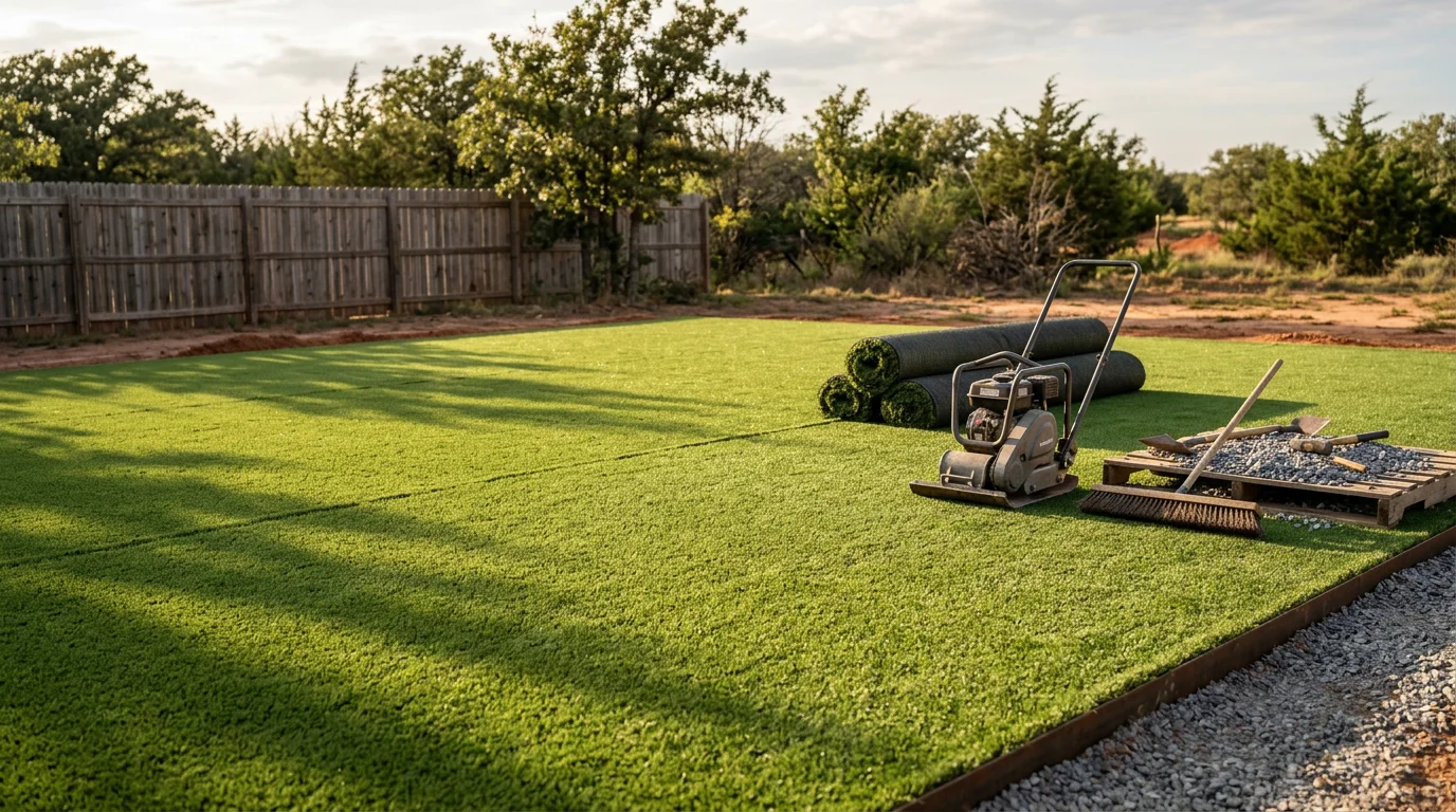 Freshly installed artificial turf covering a residential backyard in Konawa, Oklahoma, with clean edges, uniform green blades, and a level surface ready for use. The surrounding landscape shows the dry Oklahoma terrain typical of Seminole County.