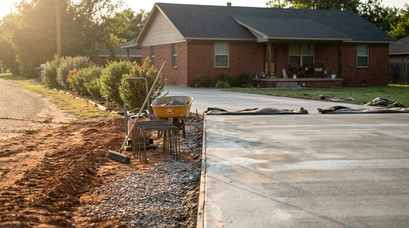 A freshly paved concrete driveway leading to a rural residential property in Konawa, Oklahoma, with a clean finished edge and a compacted base visible at the apron. A paved walkway connects the driveway to the front entrance of the home.