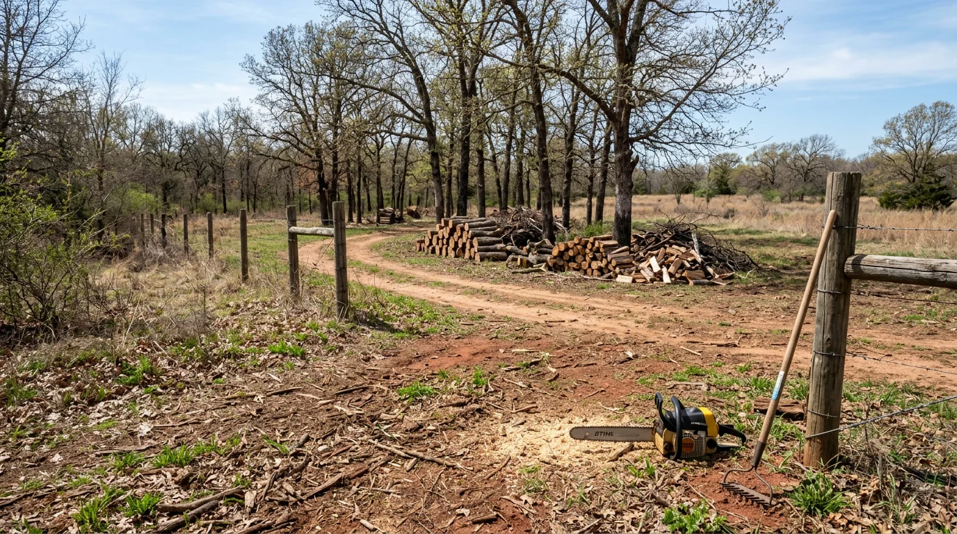 A cleared and managed rural property in Konawa, Oklahoma showing open, usable land after overgrown brush and native scrub vegetation have been removed. The land is flat and accessible, with clean edges and no remaining debris.