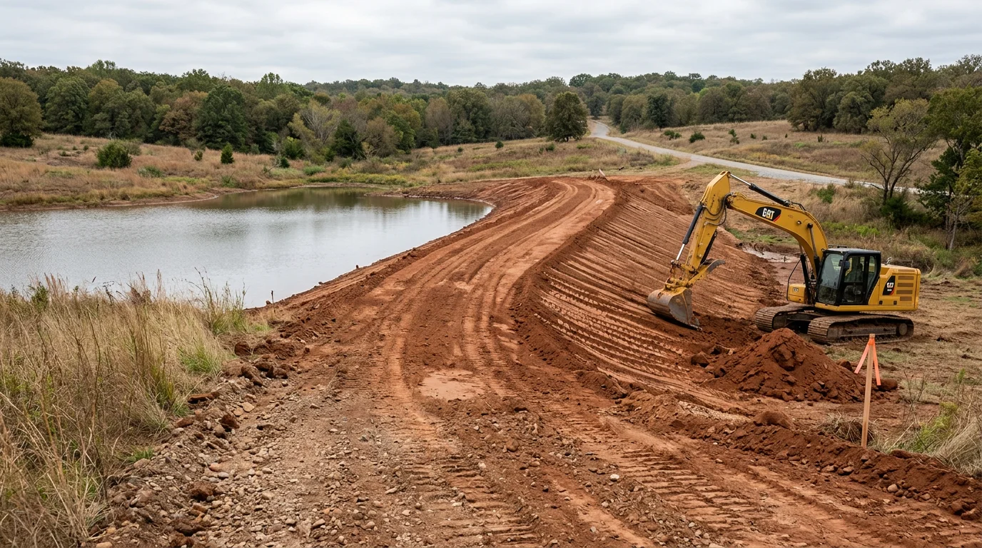 A newly constructed rural pond with shaped earthen banks and compacted dam on a Konawa, Oklahoma property. The surrounding pasture land is graded and cleared, ready for livestock use.