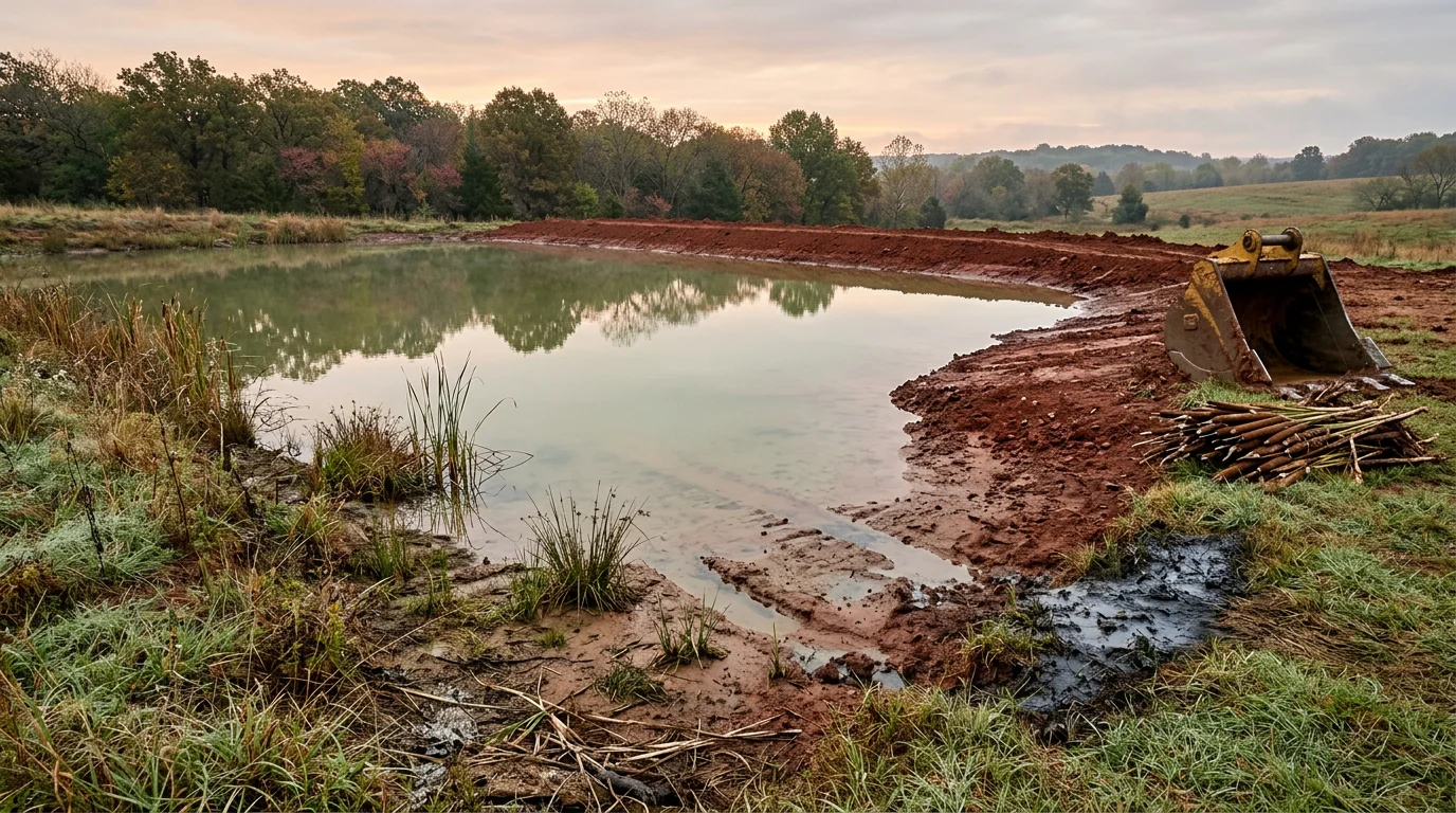 Excavation equipment removing accumulated sediment from a shallow farm pond in Konawa, Oklahoma, with cleared dark muck piled on the bank and restored open water visible in the background.