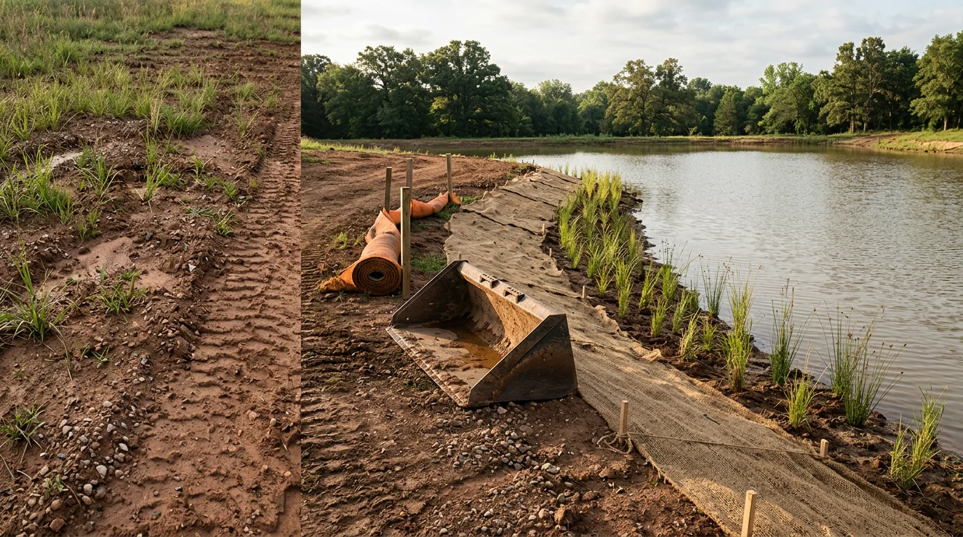 Restored pond shoreline in Konawa, Oklahoma showing a stabilized graded bank with native aquatic vegetation planted along the waterline edge. The bank slope is clean and even, with no visible slumping or bare eroded soil.