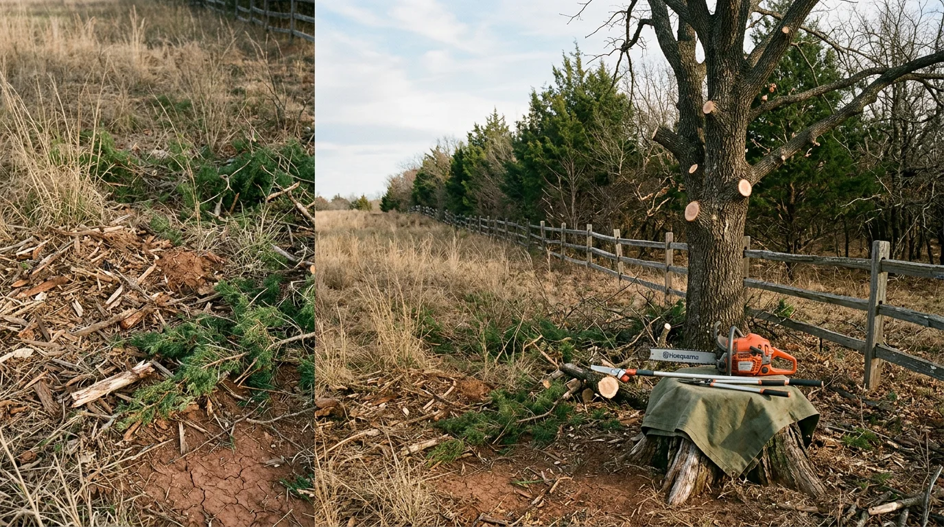 A Konawa, Oklahoma rural property with overgrown trees and brush cleared away, revealing clean, open usable land. Tree stumps and woody debris have been removed, leaving the ground ready for use.